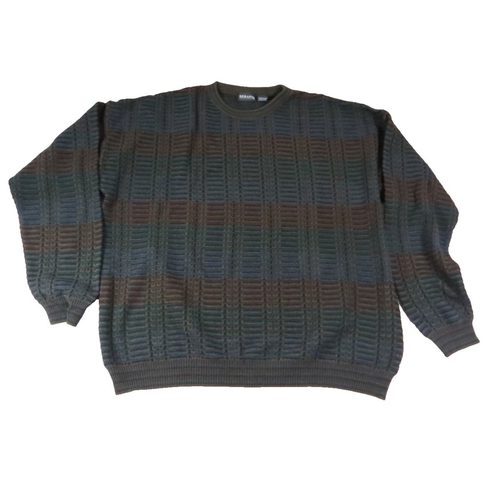Serafini Sweater Men 2XLT Cosby Wool Blend Crewneck Textured Knit Green Brown